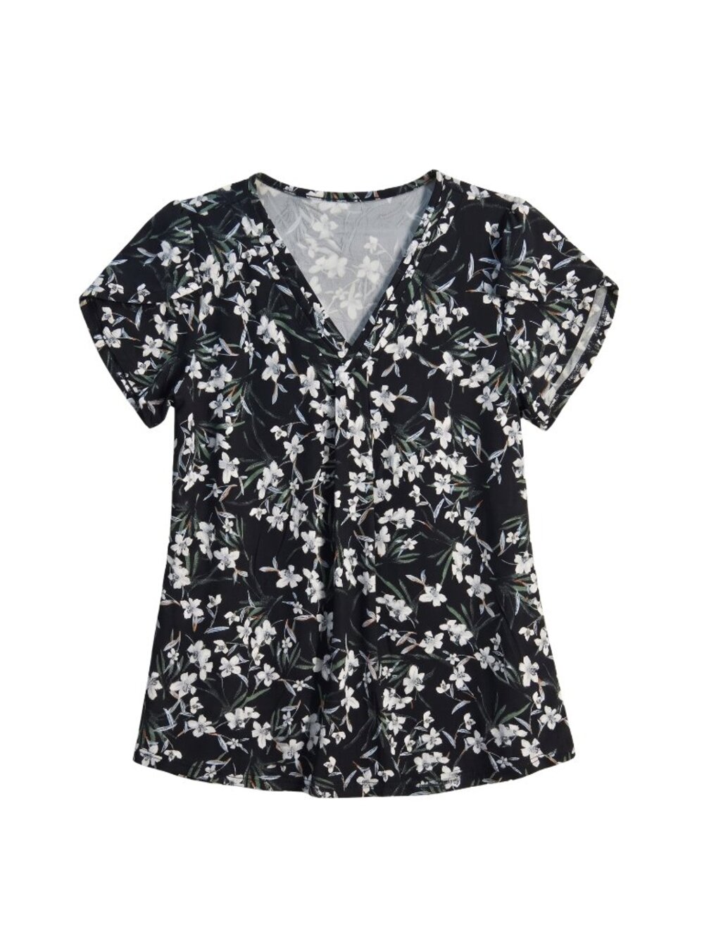 NWOT | Black Floral V-Neck Short Sleeve Pleated Blouse Large
